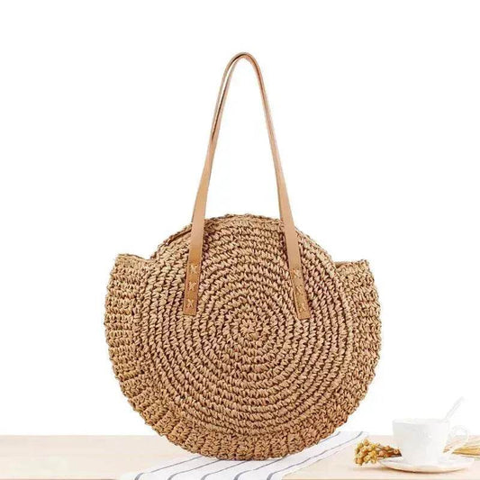 Simple Round Shoulder Bag Straw Handbag Summer Beach Bags - Velora