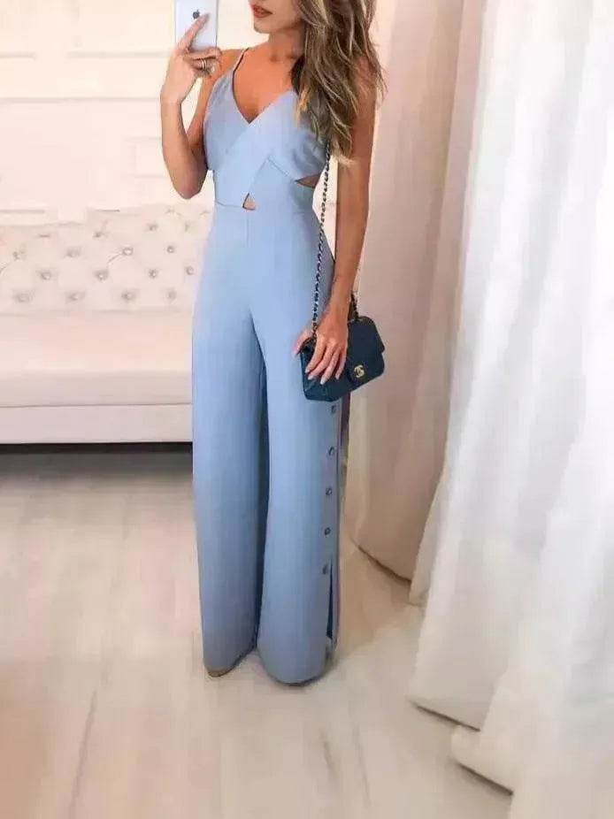 SLeeveless Hollow-out Camisole High Waist Slim Solid Color Jumpsuit - Velora