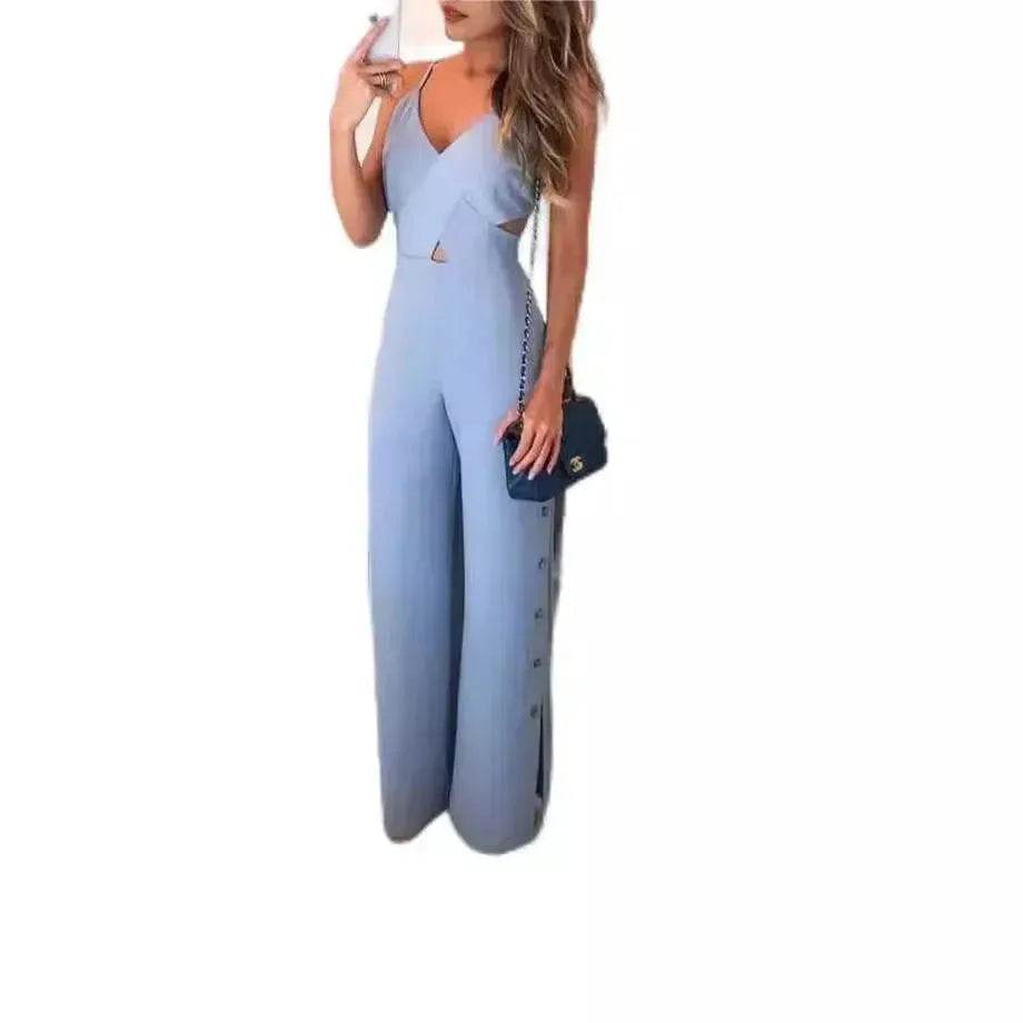 SLeeveless Hollow-out Camisole High Waist Slim Solid Color Jumpsuit - Velora