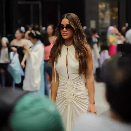 Sleeveless Round Neck Lace-up Pleated Swing Long Summer Dress - Velora