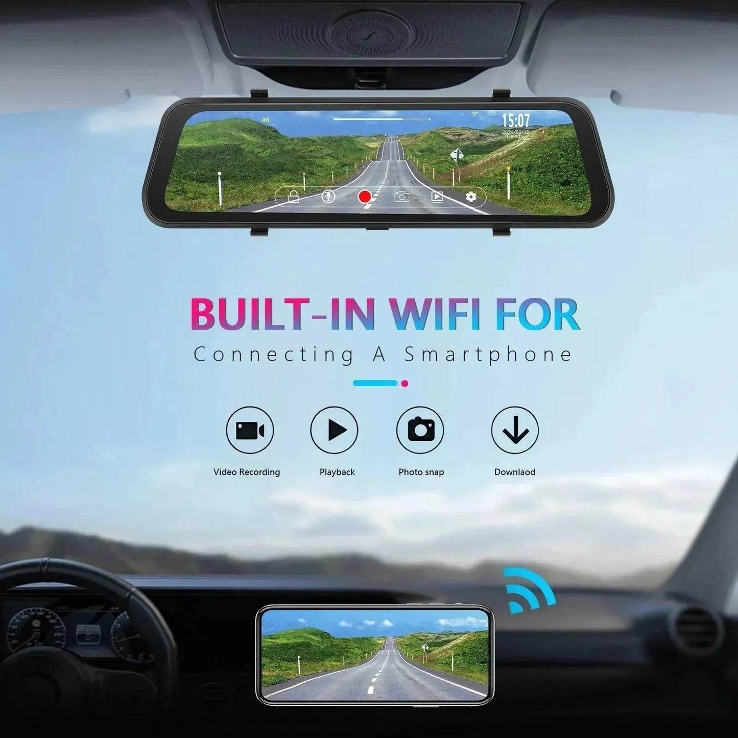 Smart Streaming Media Touch HD Built-in Front HD Resolution Rear Mirror LCD Screen Camera - Velora