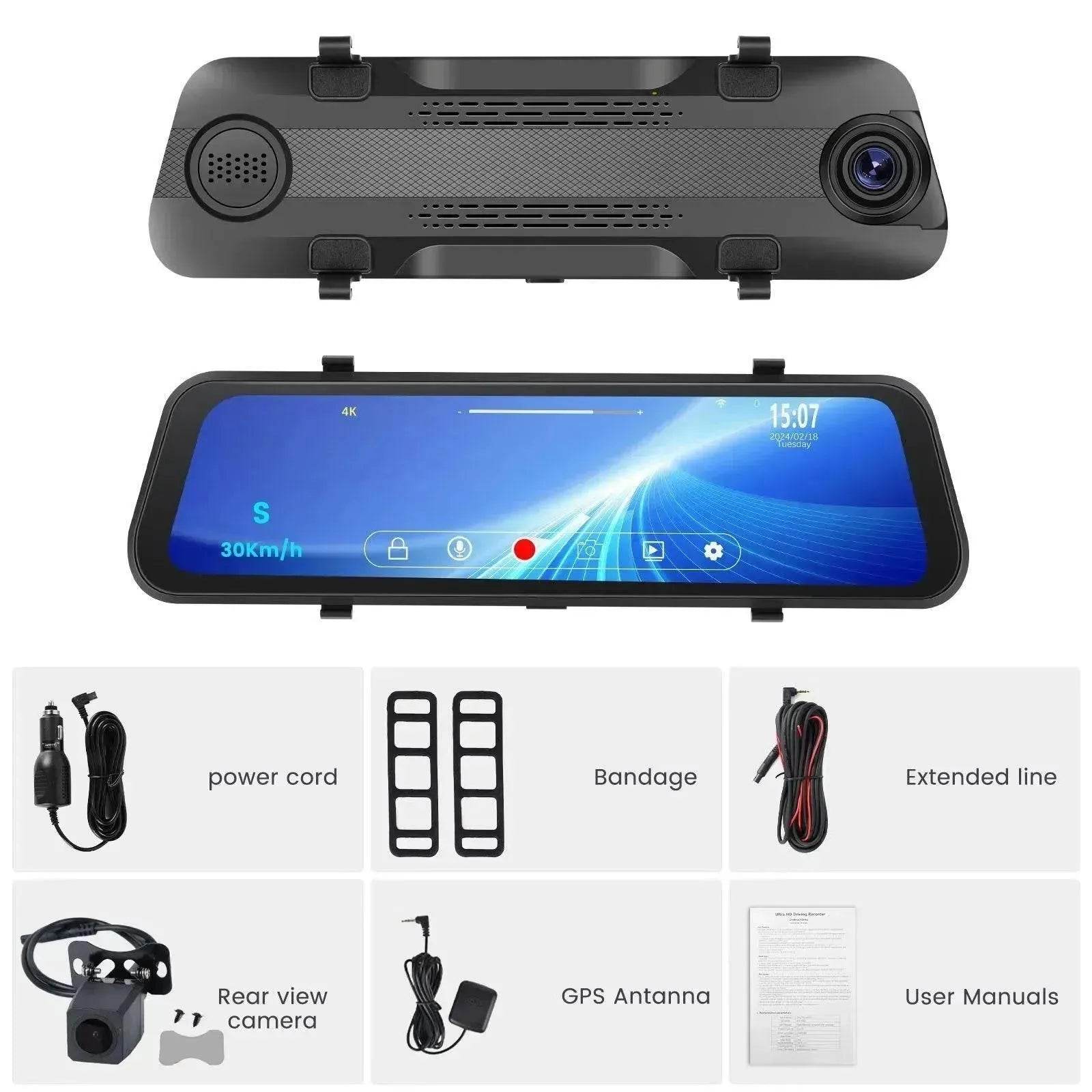 Smart Streaming Media Touch HD Built-in Front HD Resolution Rear Mirror LCD Screen Camera - Velora