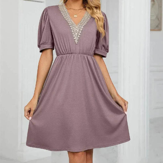 Solid Color Lace V-neck Patchwork Short Sleeve Pocket Waist Dress