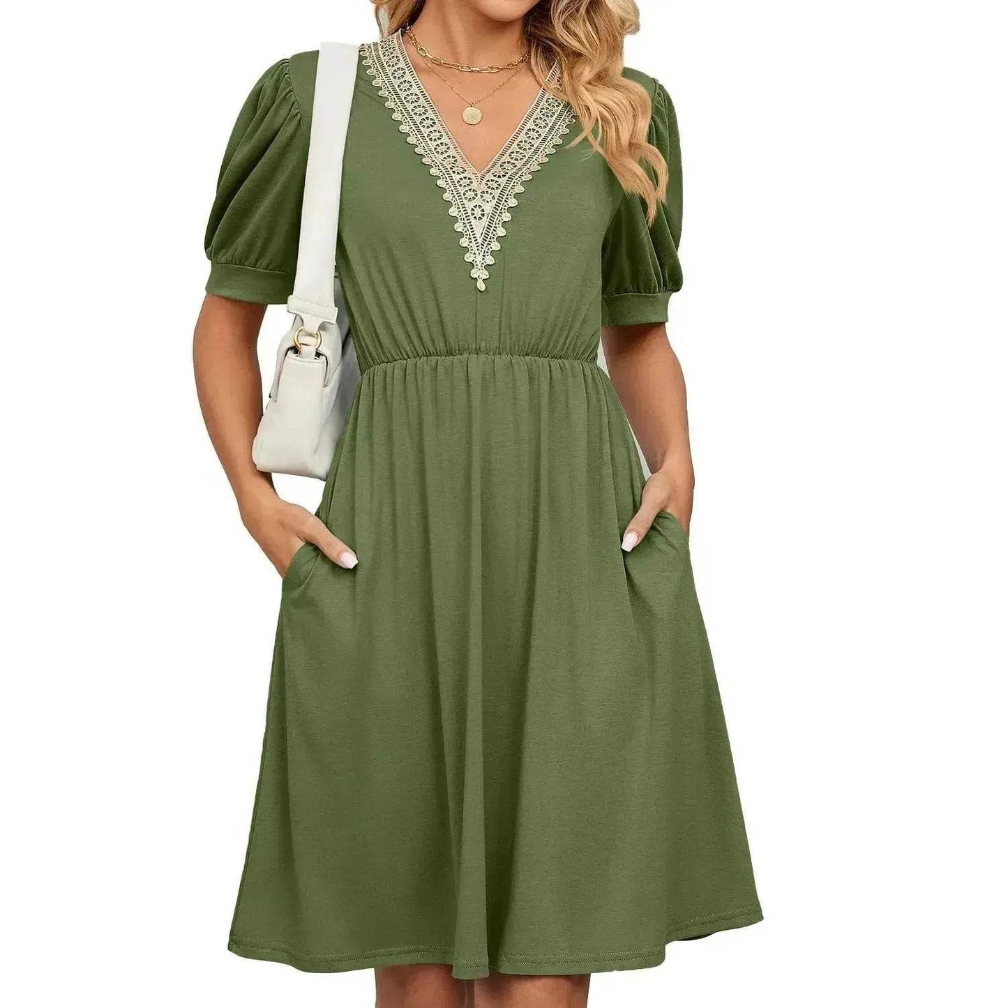 Solid Color Lace V-neck Patchwork Short Sleeve Pocket Waist Dress
