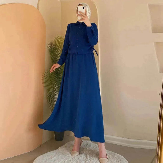 Solid Color Long Sleeve Skirt Suit for Elegant Arab Dubai Turkey Middle Eastern Women Abaya Dress - Velora