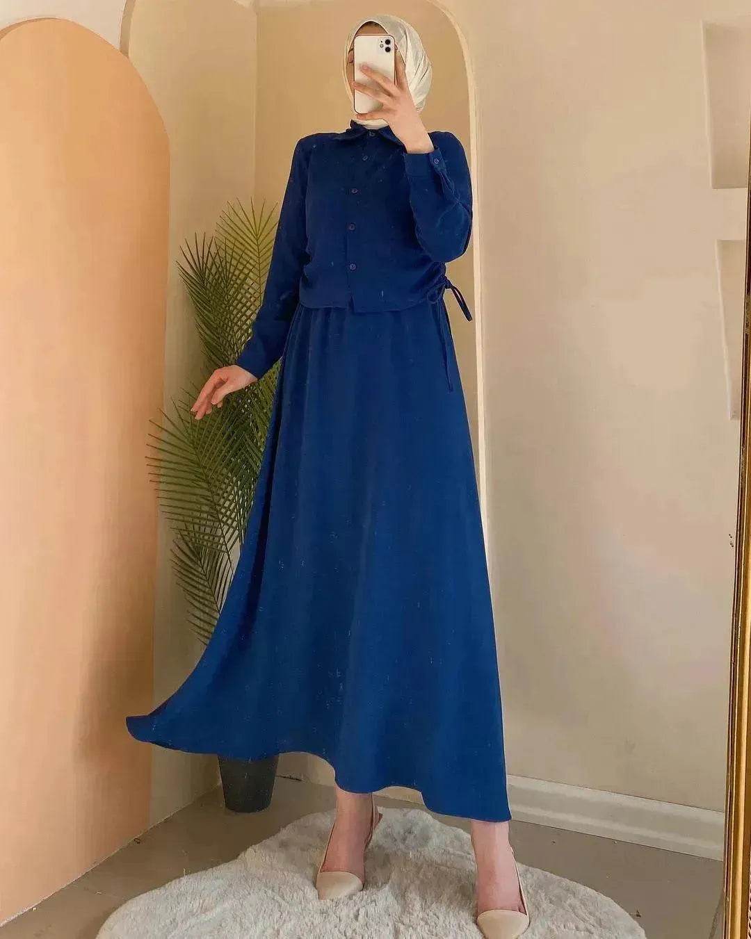 Solid Color Long Sleeve Skirt Suit for Elegant Arab Dubai Turkey Middle Eastern Women Abaya Dress - Velora