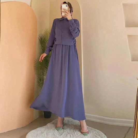 Solid Color Long Sleeve Skirt Suit for Elegant Arab Dubai Turkey Middle Eastern Women Abaya Dress - Velora