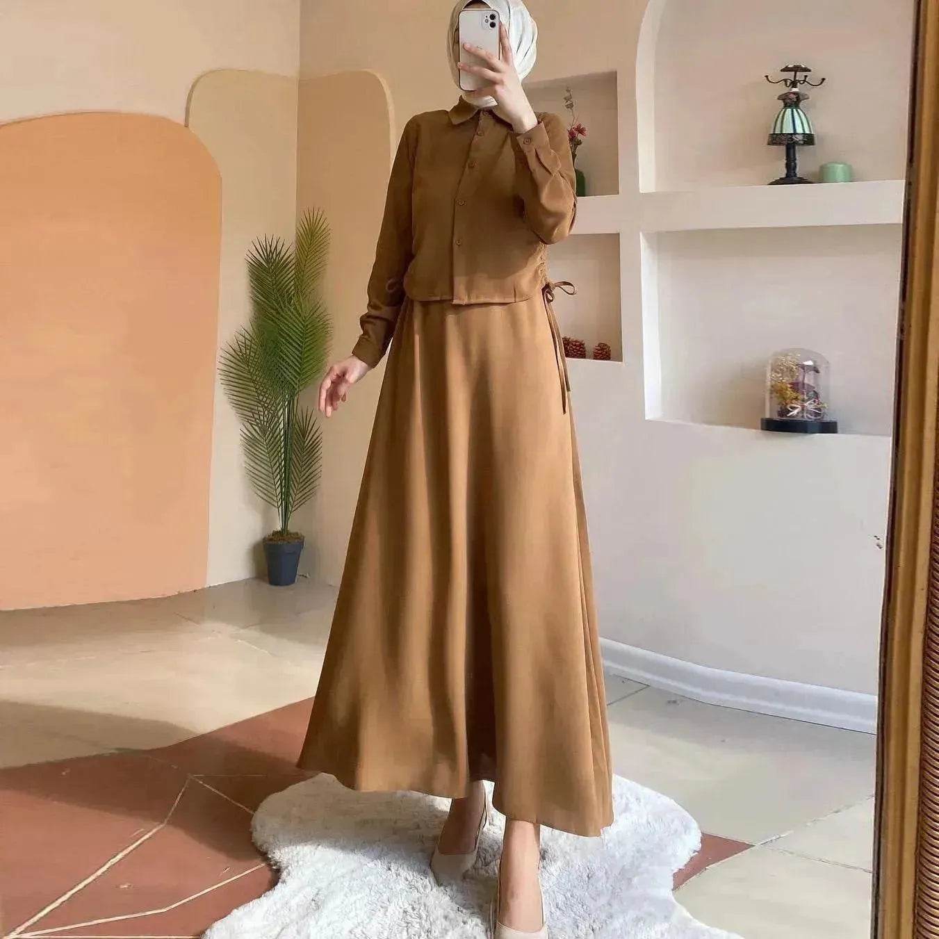 Solid Color Long Sleeve Skirt Suit for Elegant Arab Dubai Turkey Middle Eastern Women Abaya Dress - Velora