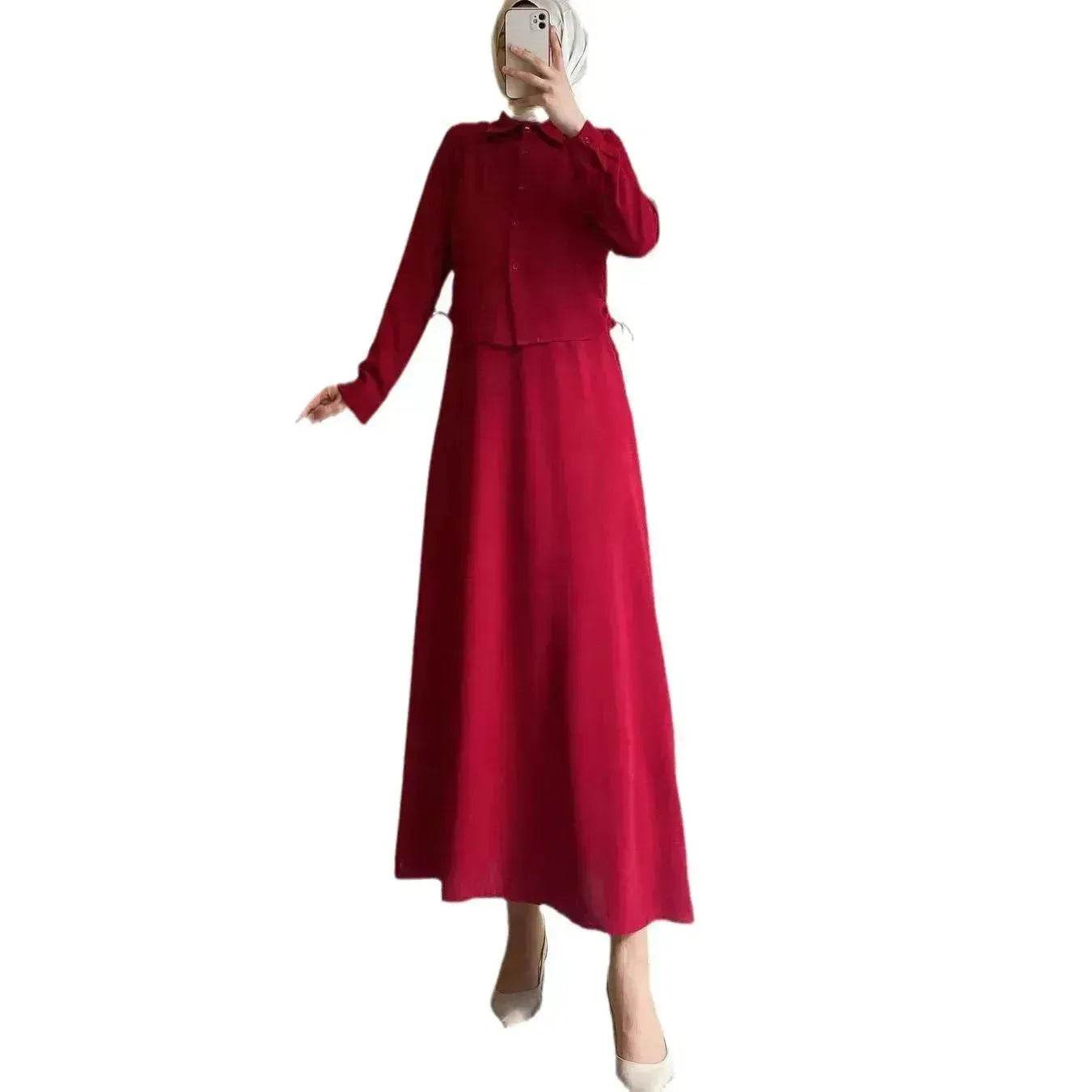 Solid Color Long Sleeve Skirt Suit for Elegant Arab Dubai Turkey Middle Eastern Women Abaya Dress - Velora