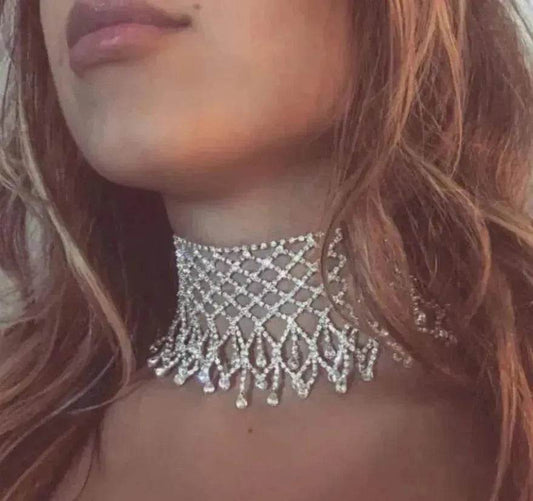 Sparling Rhinestone  Diamond Fringed  Tassel Choker Necklace for Women Bridal Wedding Luxury Necklace