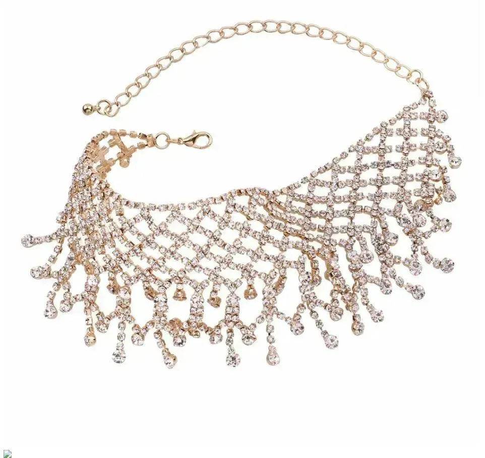 Sparling Rhinestone  Diamond Fringed  Tassel Choker Necklace for Women Bridal Wedding Luxury Necklace