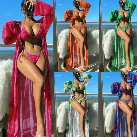 Split Long Sleeve Ins Blouse Banded Bikini - Velora