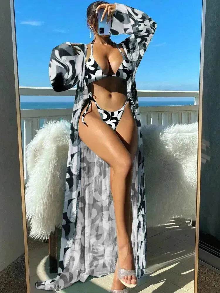 Split Long Sleeve Ins Blouse Banded Bikini - Velora