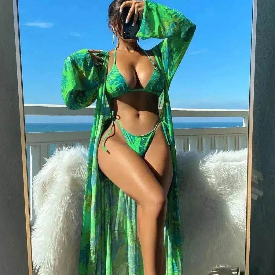 Split Long Sleeve Ins Blouse Banded Bikini - Velora