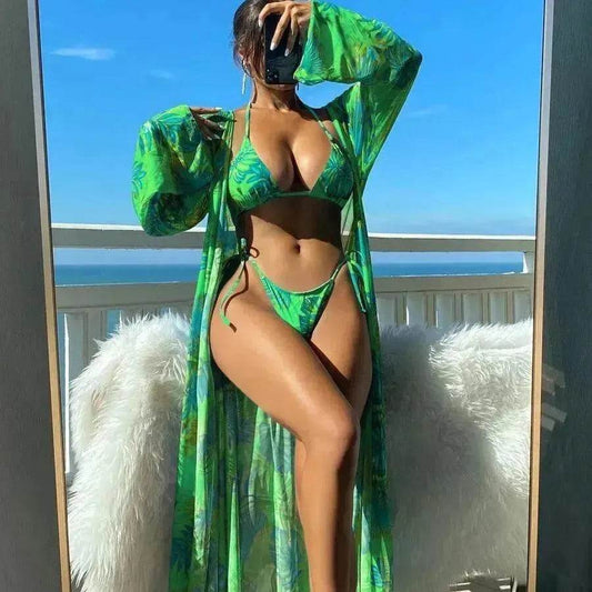 Split Long Sleeve Ins Blouse Banded Bikini - Velora