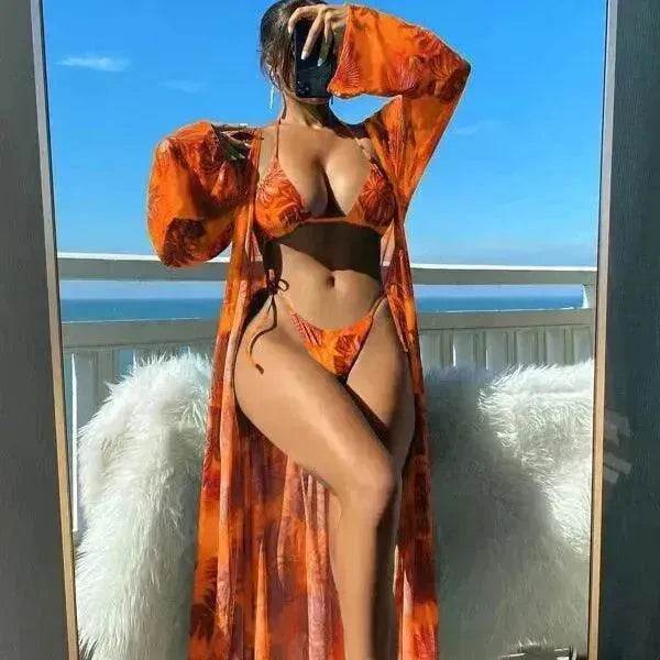 Split Long Sleeve Ins Blouse Banded Bikini - Velora