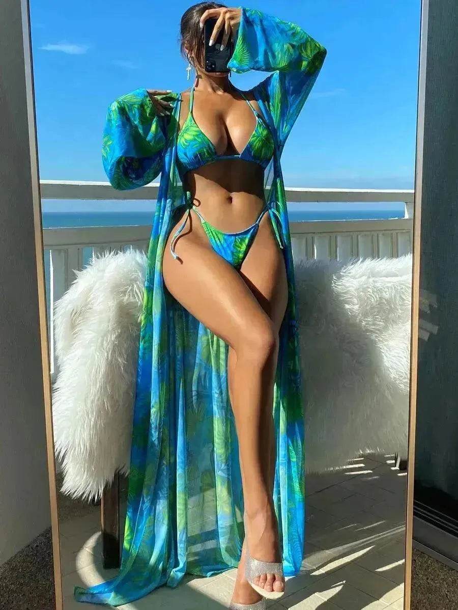 Split Long Sleeve Ins Blouse Banded Bikini - Velora