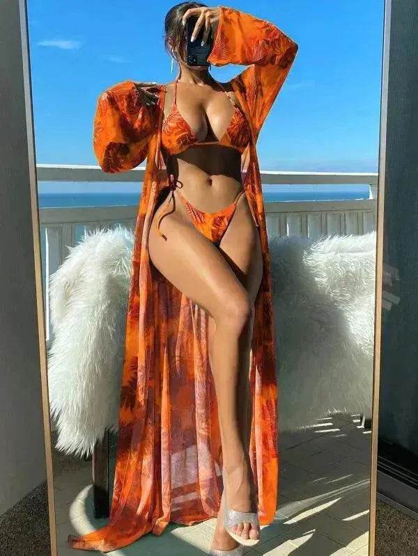 Split Long Sleeve Ins Blouse Banded Bikini - Velora
