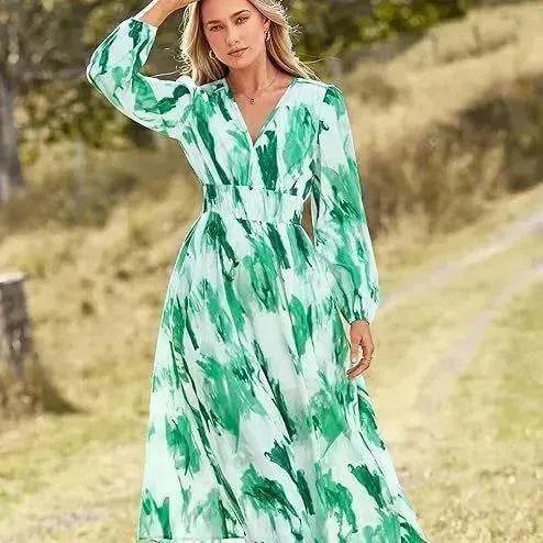 Spring NEW Long Casual Long Sleeve V-neck Printed Beach Long Flowy Dress - Velora