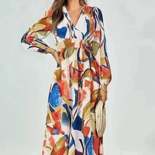 Spring NEW Long Casual Long Sleeve V-neck Printed Beach Long Flowy Dress - Velora
