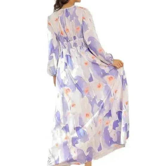 Spring NEW Long Casual Long Sleeve V-neck Printed Beach Long Flowy Dress - Velora