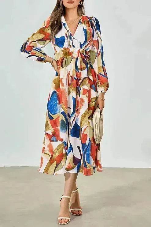 Spring NEW Long Casual Long Sleeve V-neck Printed Beach Long Flowy Dress - Velora