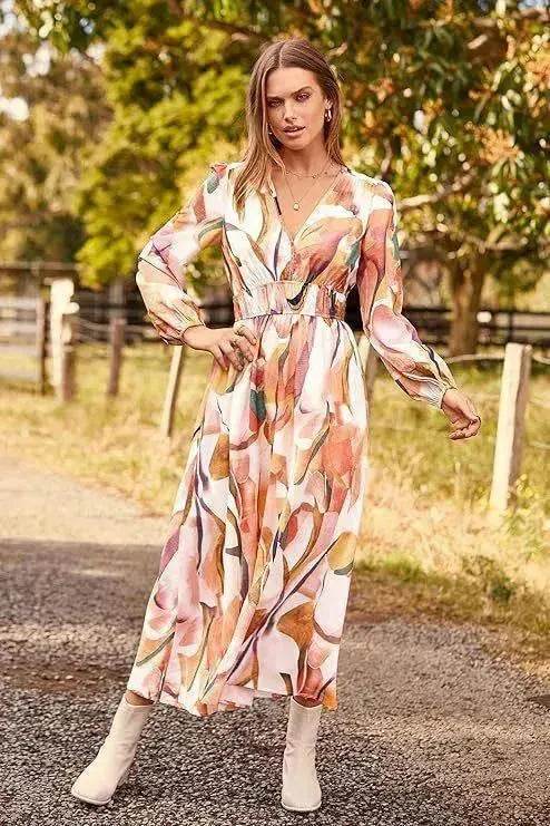 Spring NEW Long Casual Long Sleeve V-neck Printed Beach Long Flowy Dress - Velora