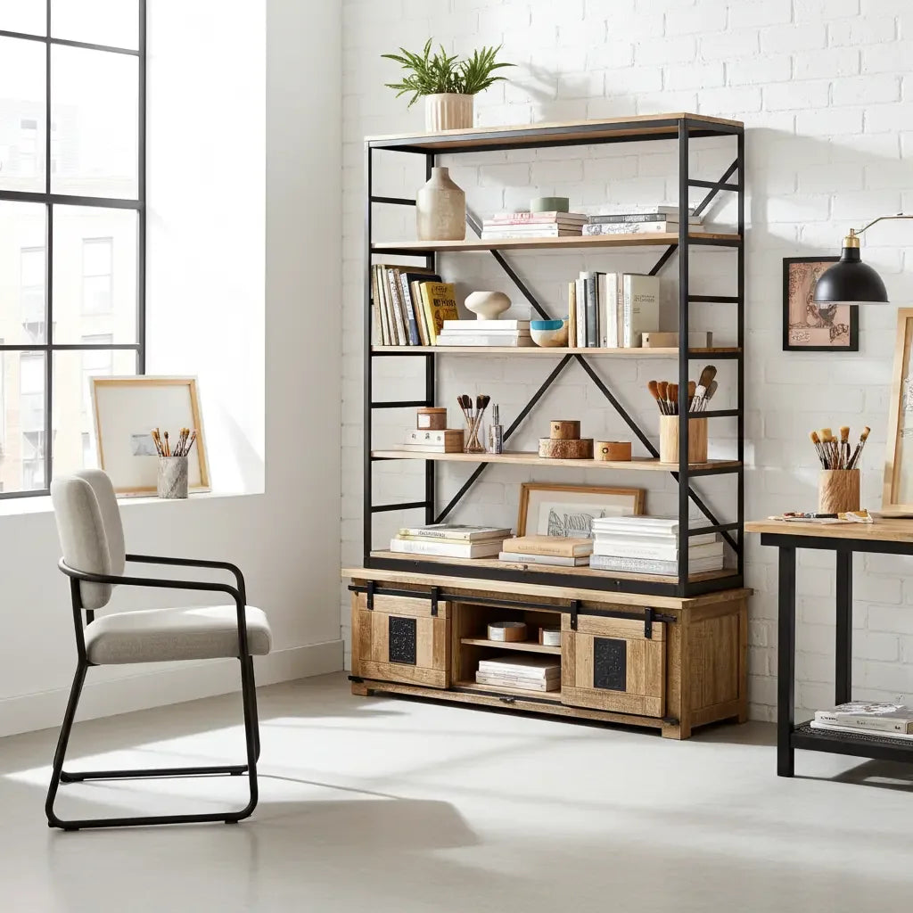 Bibliothèque Farmhouse en bois de manguier brut