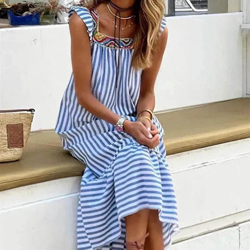 Square Collar Striped Lace-up Dress Mid-length Women