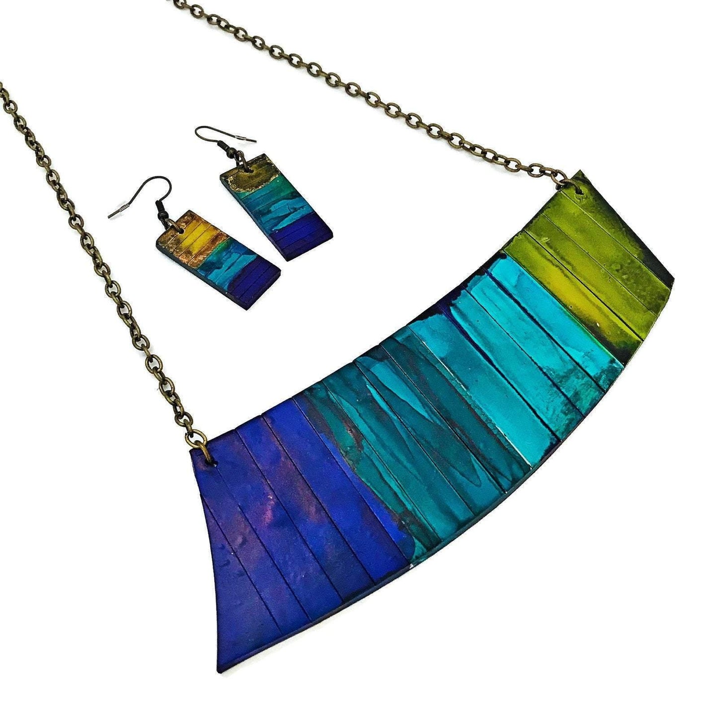 Statement Jewelry Set with Ombre Stripes, Bar Earrings & Asymmetric Necklace - Velora Luxury Fashion