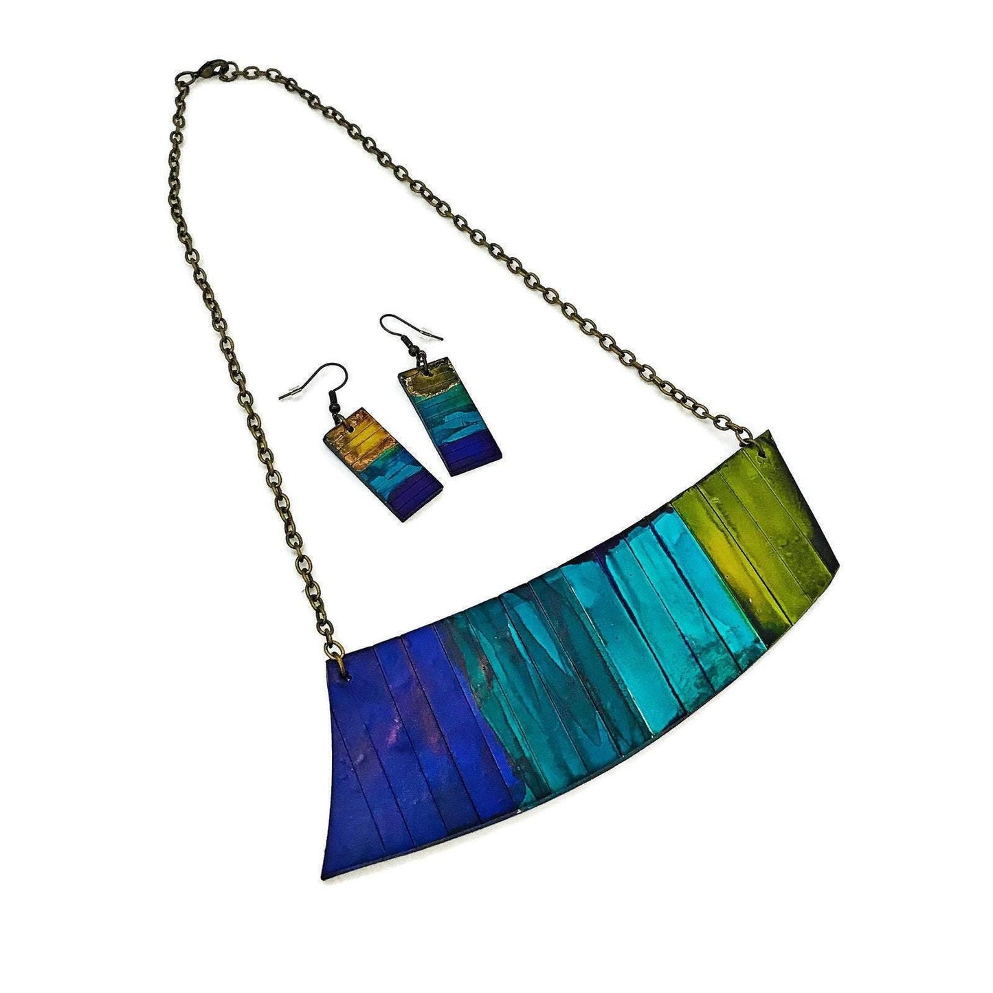 Statement Jewelry Set with Ombre Stripes, Bar Earrings & Asymmetric Necklace - Velora Luxury Fashion
