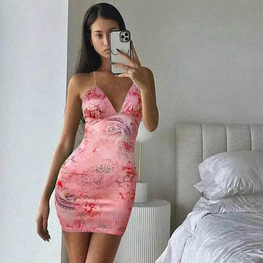 Strappy Bow Backless Slim Fit Printed Sheath Dress - Velora