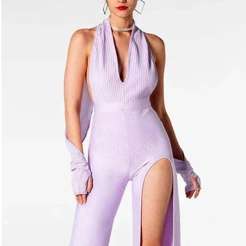 Summer Backless Halter V-neck Slimming Backless Slit Jumpsuit - Velora