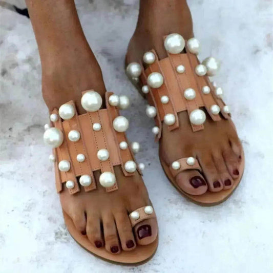 Summer Outdoor Ladies Flat Toe Pearl Beach Slippers - Velora