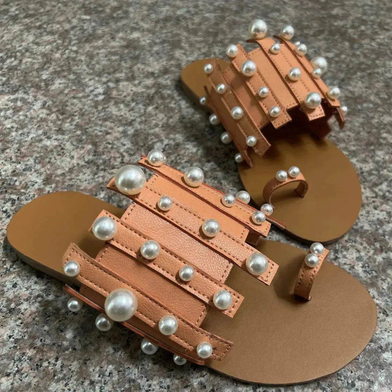 Summer Outdoor Ladies Flat Toe Pearl Beach Slippers - Velora