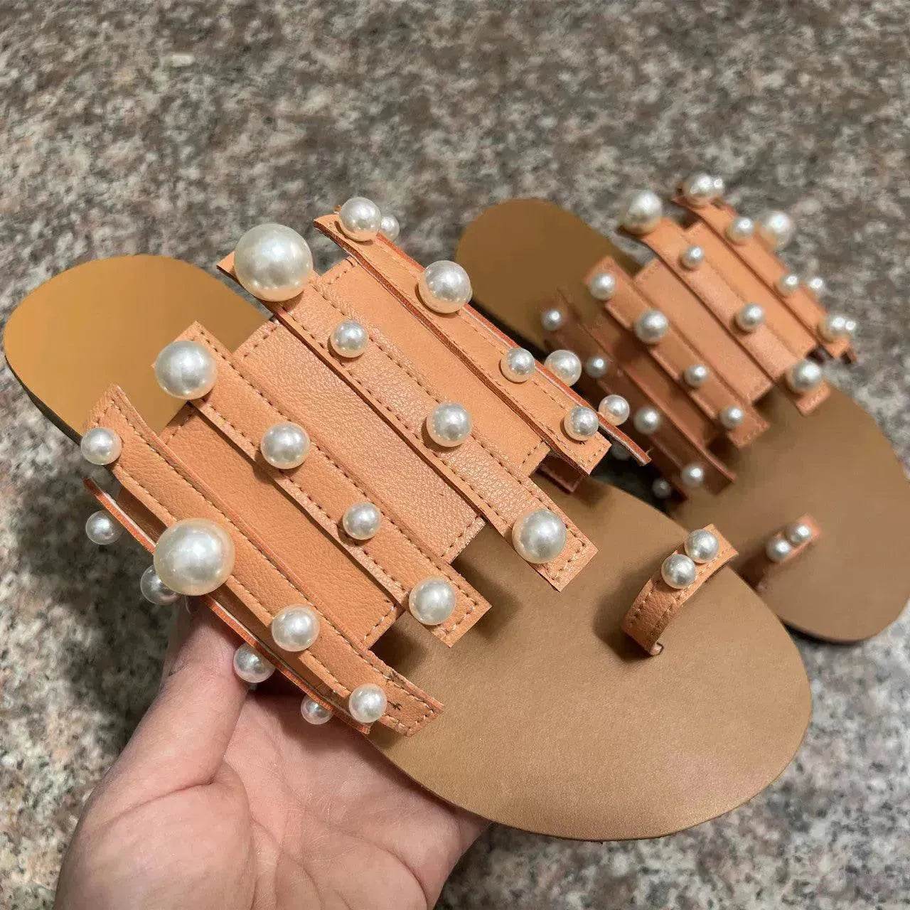 Summer Outdoor Ladies Flat Toe Pearl Beach Slippers - Velora