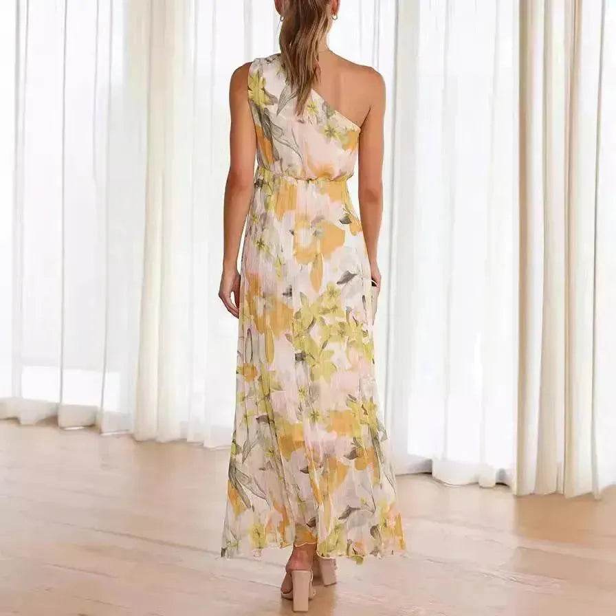 Summer Printed Oblique Shoulder Elastic Waist Vacation Floral Sleeveless Midi Dress - Velora