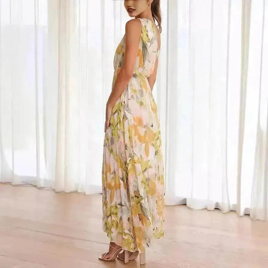 Summer Printed Oblique Shoulder Elastic Waist Vacation Floral Sleeveless Midi Dress - Velora