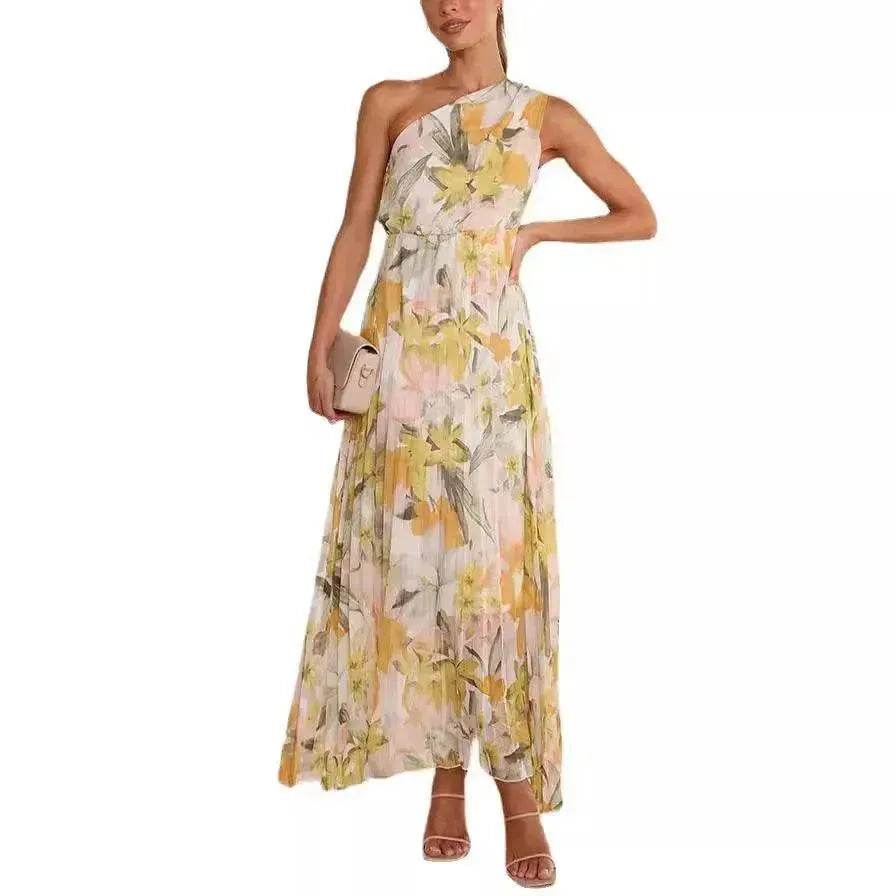 Summer Printed Oblique Shoulder Elastic Waist Vacation Floral Sleeveless Midi Dress - Velora