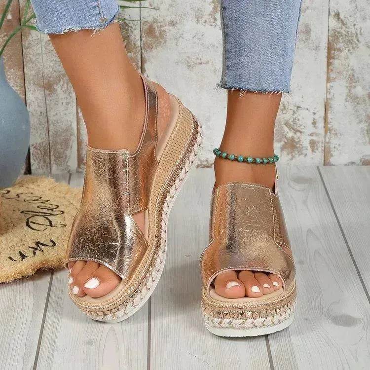Summer Shiny Sandals Hollow Design Fish Mouth Sandal For Women Fashion Buckle Wedges Sandals - Velora