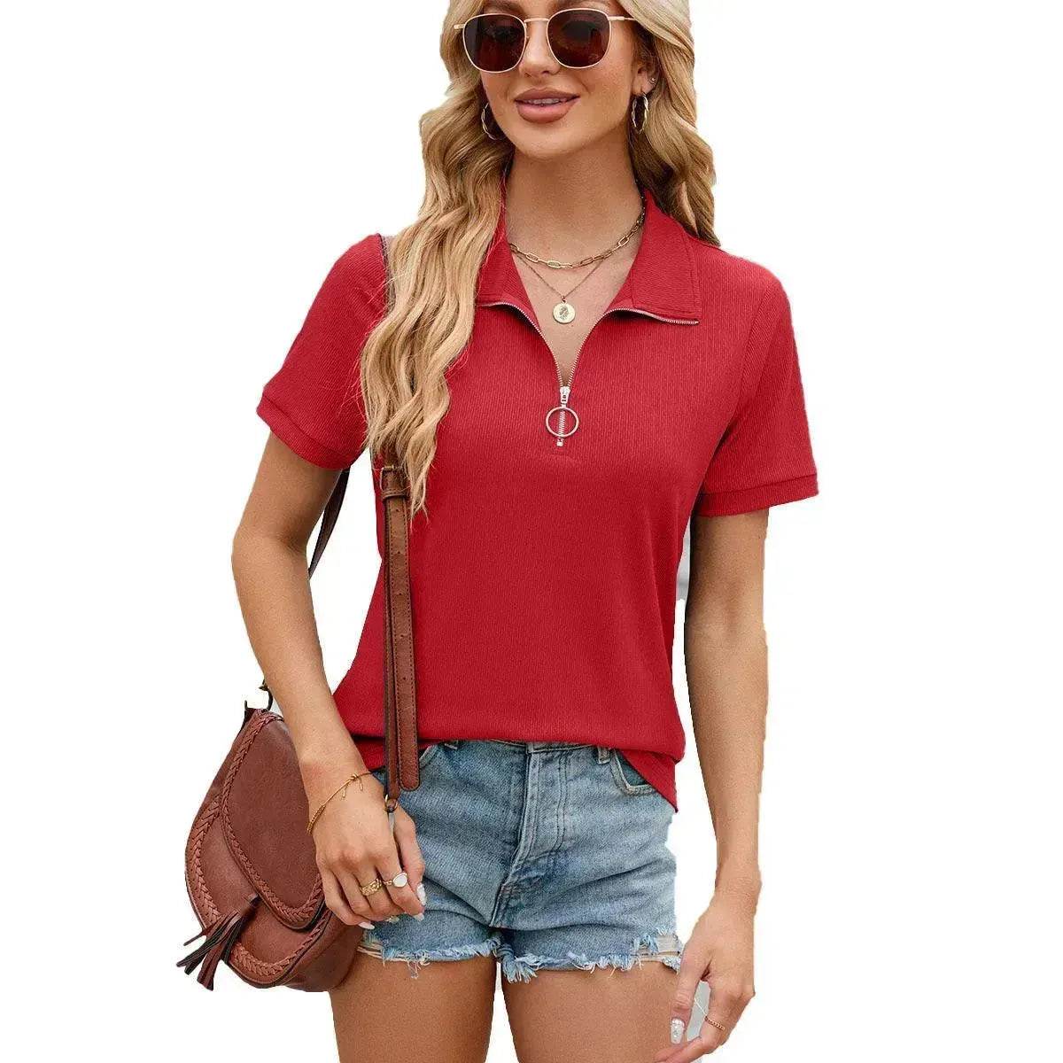 Summer Short Sleeve T-shirt Casual Loose Solid Color Zipper And Lapel Top For Women - Velora