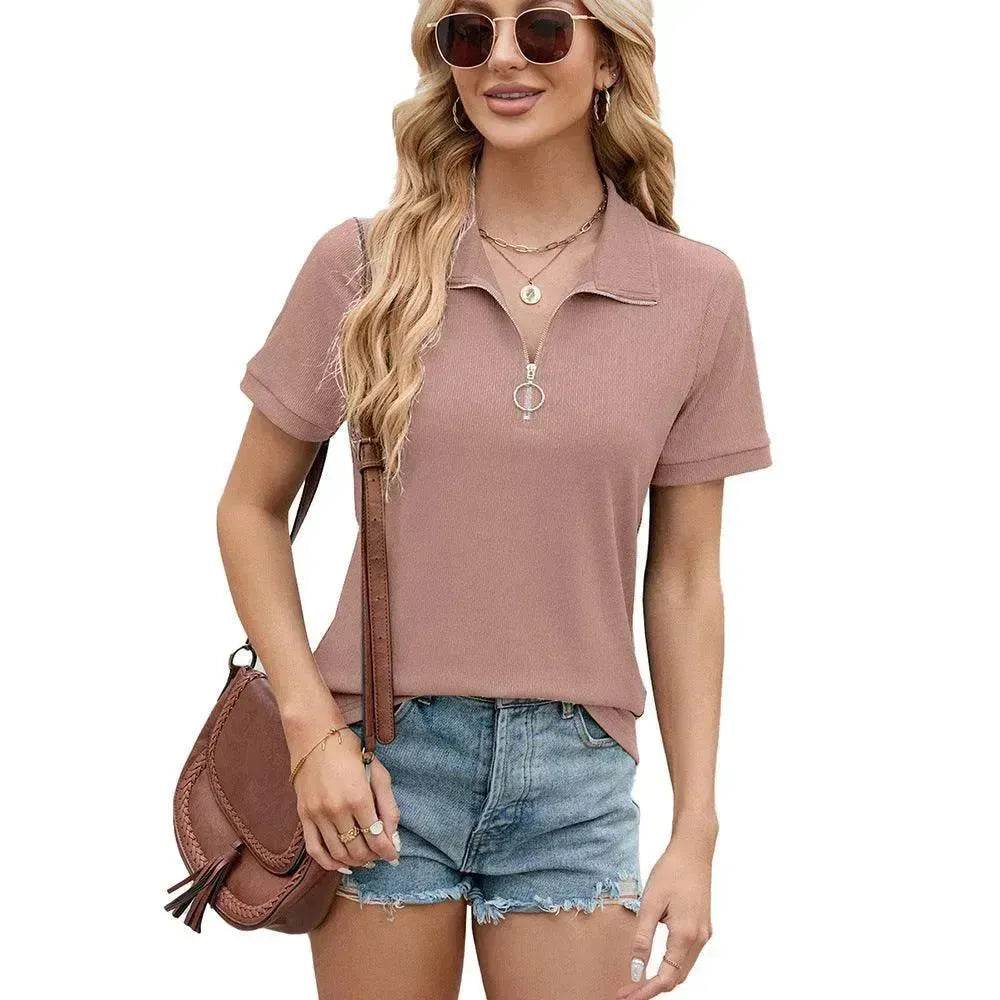 Summer Short Sleeve T-shirt Casual Loose Solid Color Zipper And Lapel Top For Women - Velora