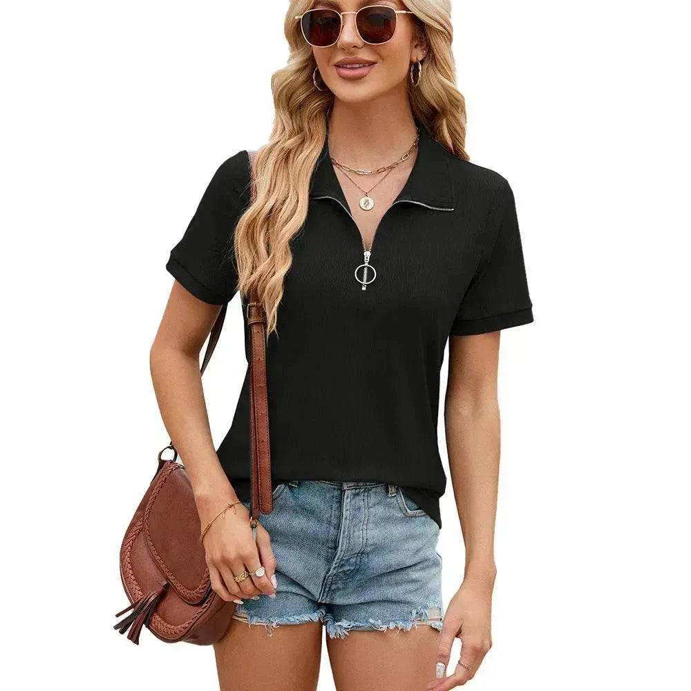 Summer Short Sleeve T-shirt Casual Loose Solid Color Zipper And Lapel Top For Women - Velora
