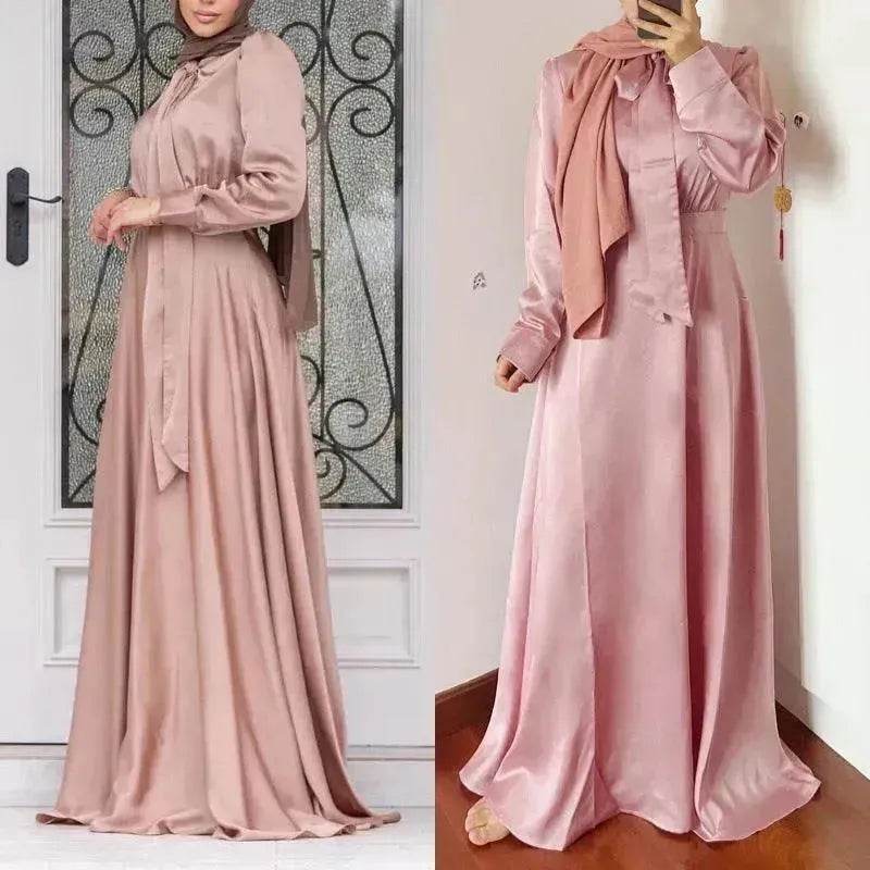 Satin Abaya Dress for Beautiful Muslim Arab Dubai Turkey Middle Eastern Women Party Abaya - Velora
