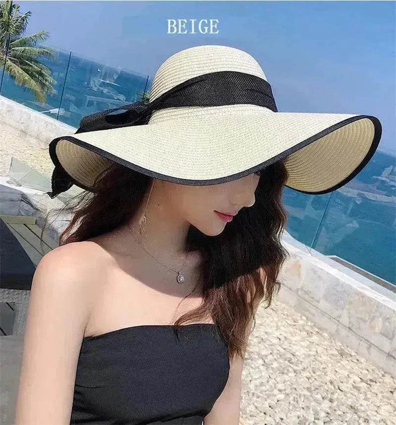 Women's Foldable Straw Sun Hat – Wide Brim Beach Hat with Bow