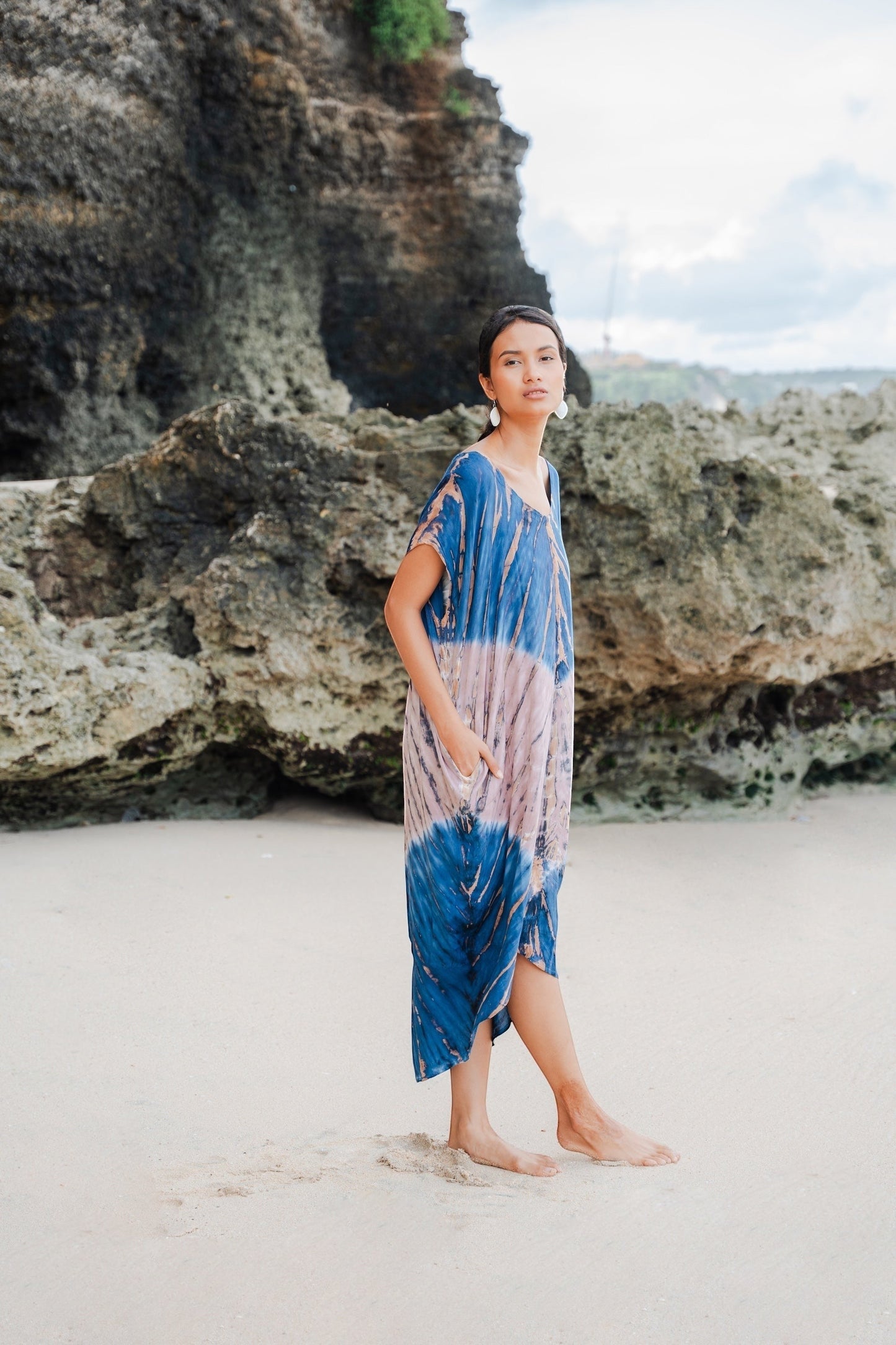 Tie Dye Kaftan Beach Dress - Blue & Pink