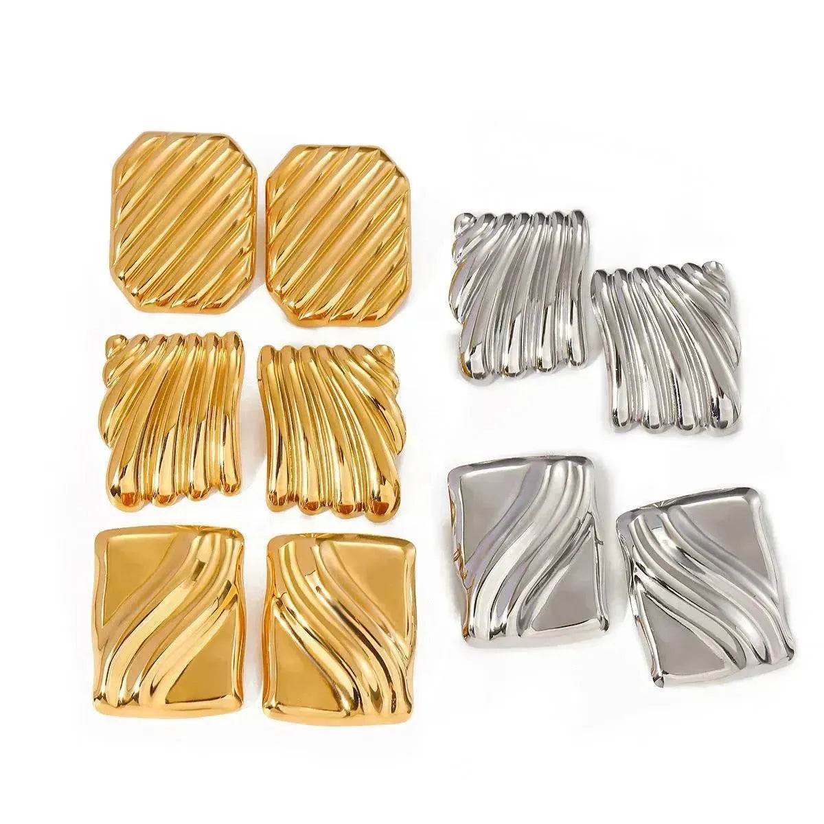 Trendy 18K Gold Stainless Steel Cube Wave Stud Earrings for Women Wedding Earrings - Velora