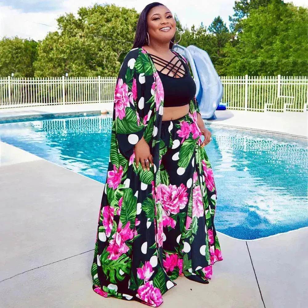 Trendy European and American Ruffle Sleeve Women's Printed Pants Coat Set - Velora