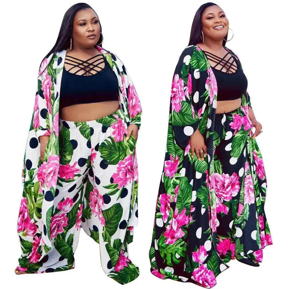 Trendy European and American Ruffle Sleeve Women's Printed Pants Coat Set - Velora