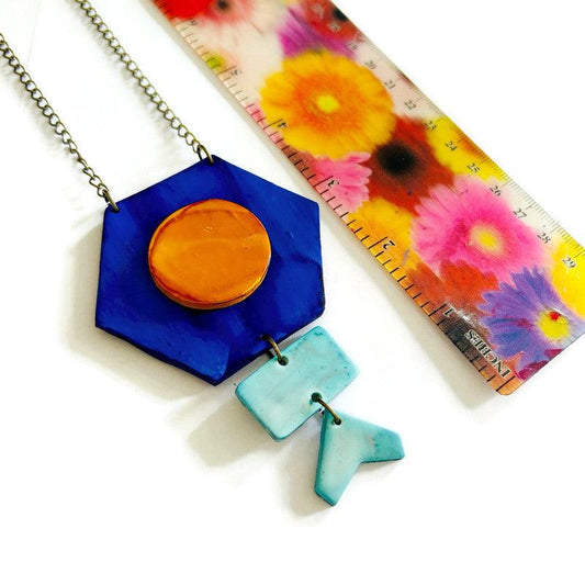 Unique Geometric Pendant Necklace in Blue Yellow - Velora Luxury Fashion